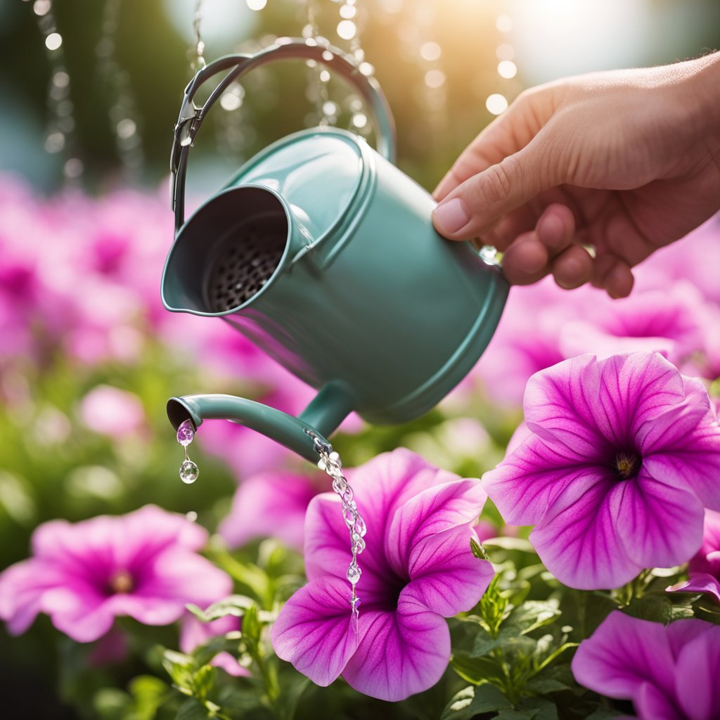 A tiny watering can giving petunias a drink