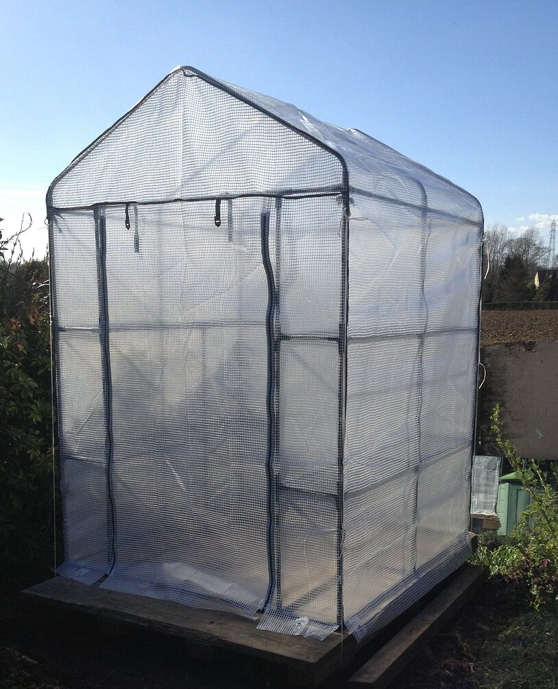 A free standing green house situated in the back of a garden