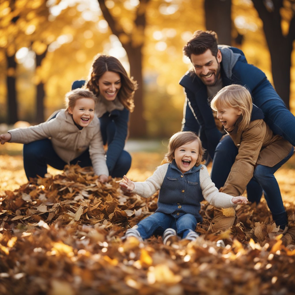 Family fun-time with children playing in the leaves.