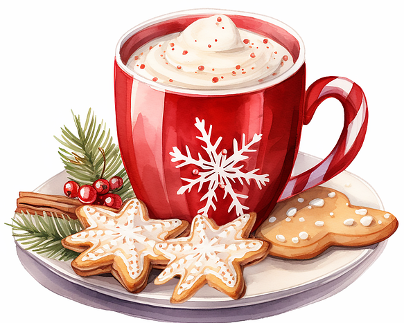 The image features a vibrant red mug with a white rim and a candy cane handle, adorned with a white snowflake in the center, sitting in the middle of a white plate. The mug is filled with hot chocolate topped with whipped cream and sprinkled with peppermint. Surrounding the mug on the plate are three Christmas cookies: two snowflake-shaped cookies and half of a gingerbread man decorated with white candy sprinkles. A sprig of pine needles with red berries adds a festive touch. This inviting scene captures the essence of holiday comfort, reminding us to embrace joy amidst the hustle and bustle.