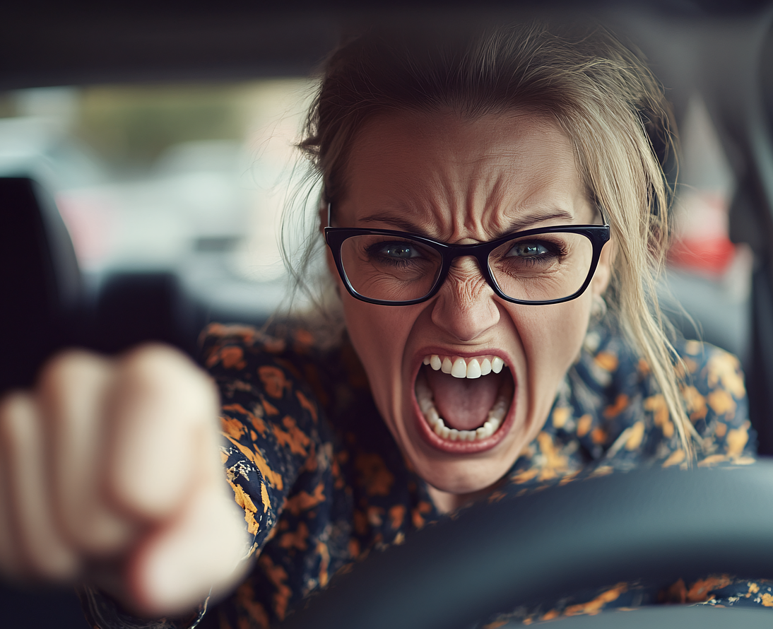 The image features a close-up of a woman’s head and upper body, showing her clearly annoyed expression as she drives. Her hair is styled in a ponytail, with some loose strands framing her face. She is yelling, with her mouth open and finger pointed, conveying her frustration. The background suggests a busy parking lot, emphasizing the stress of finding a parking spot during the holiday season.