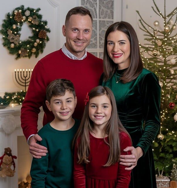 The image shows a happy family with a mother and father standing behind their young son and daughter, all smiling. The mother, in a green dress, and the daughter, in a red dress with a ribbon, share long brown hair. The father wears a red sweater, and the son is in a green sweater. Behind them is a decorated Christmas tree with presents, and a fireplace adorned with garland and a lit menorah, symbolizing their celebration of both Christmas and Hanukkah.