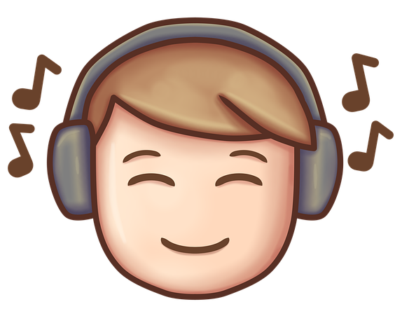 The image features a cartoon boy's face, drawn with simple lines. He is wearing headphones and has a big smile, expressing pure happiness as he listens to music. The absence of a background highlights his joyful demeanor, capturing the delight of enjoying a diverse holiday playlist amidst the potential monotony of repeated carols."