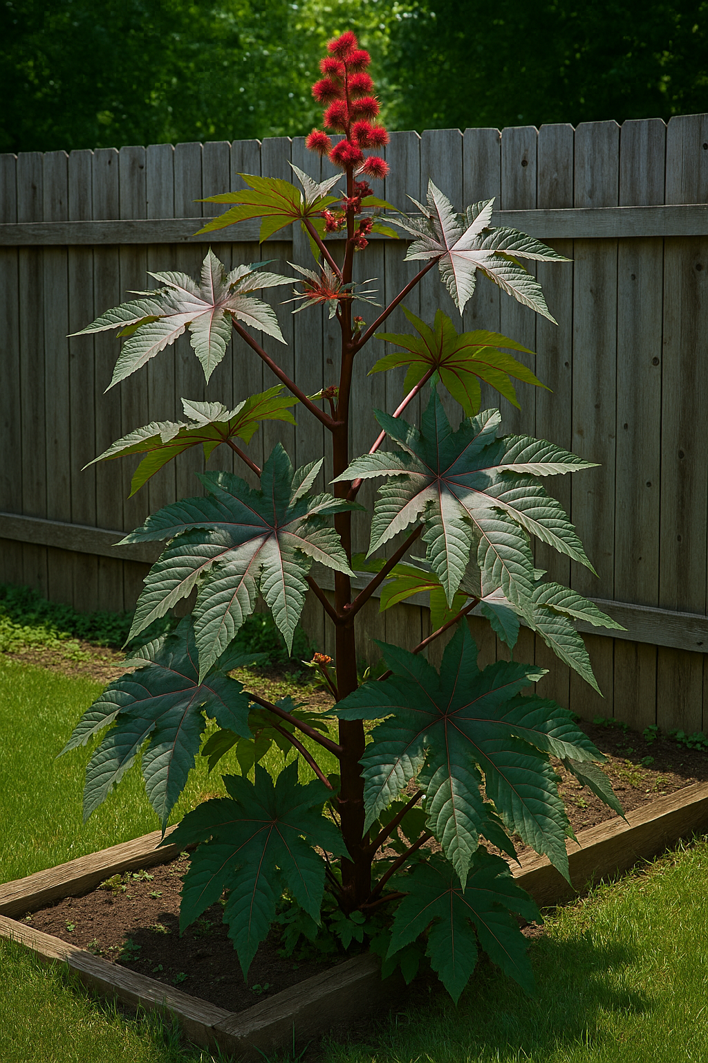 A large castor bean plant with deep red leaves and spiky seed pods sitting in the corner of a garden bed near a wooden fence, showing bold growth.