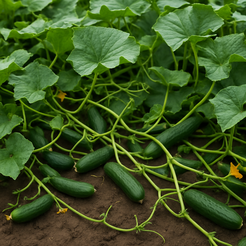 Cucumber plants sprawling over garden soil with tendrils and vines extending in all directions, some cucumbers already forming among the leaves.