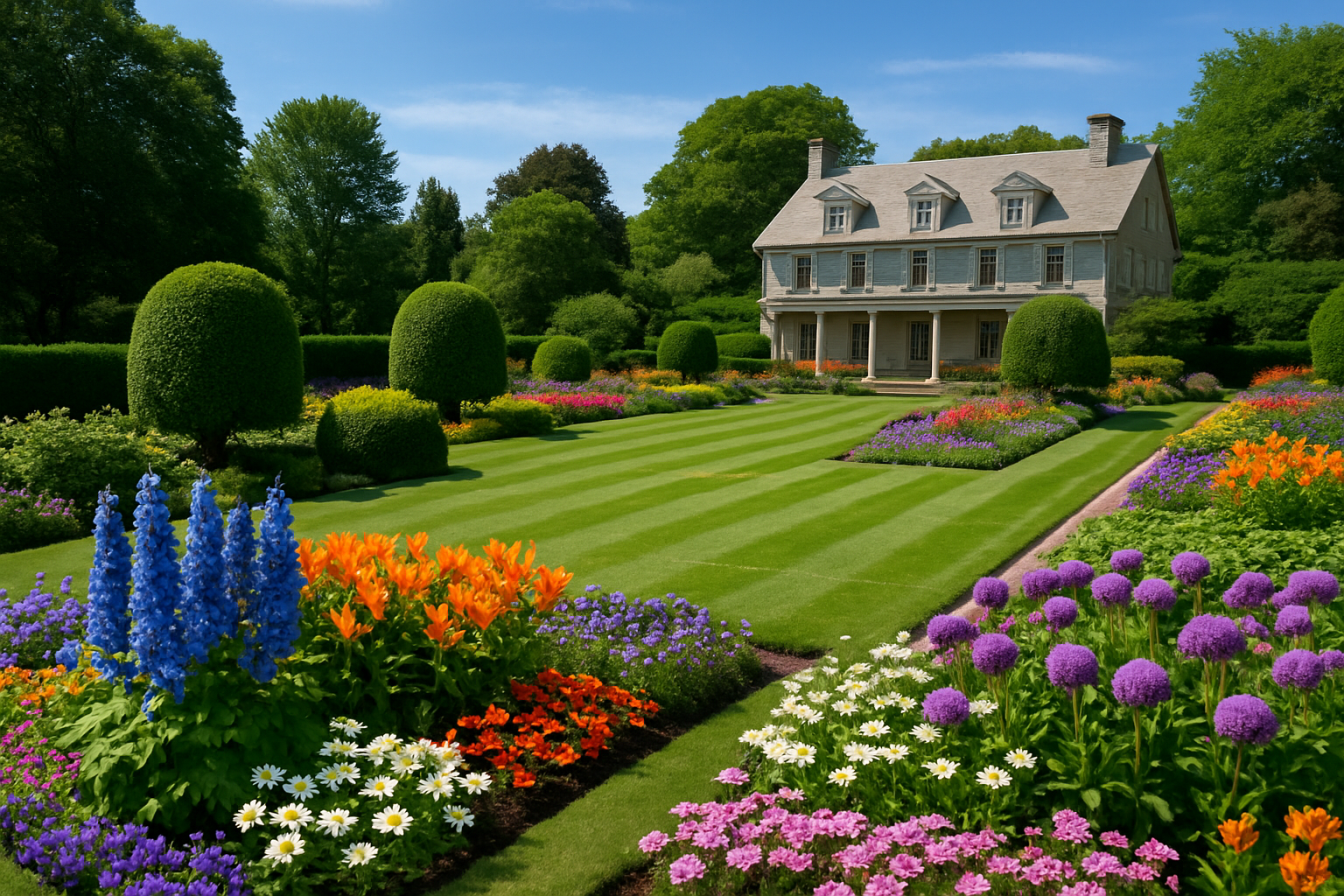 A perfectly manicured garden with trimmed hedges, symmetrical flower beds, and a spotless yard in front of a stately home, symbolizing a Martha Stewart–style garden.