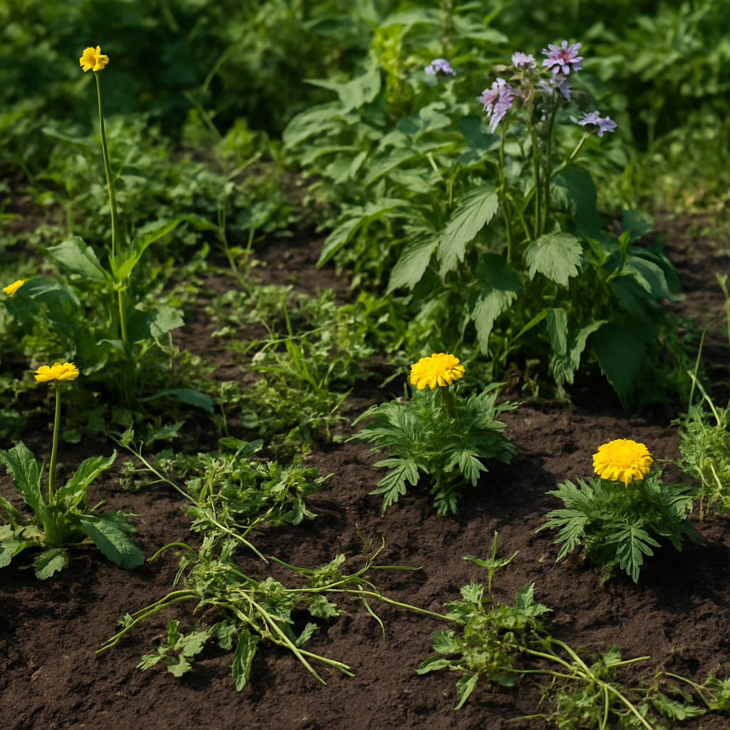 A real, slightly messy backyard garden with marigolds, weeds, uneven soil, and gardening tools in disarray, showing an authentic planting space.